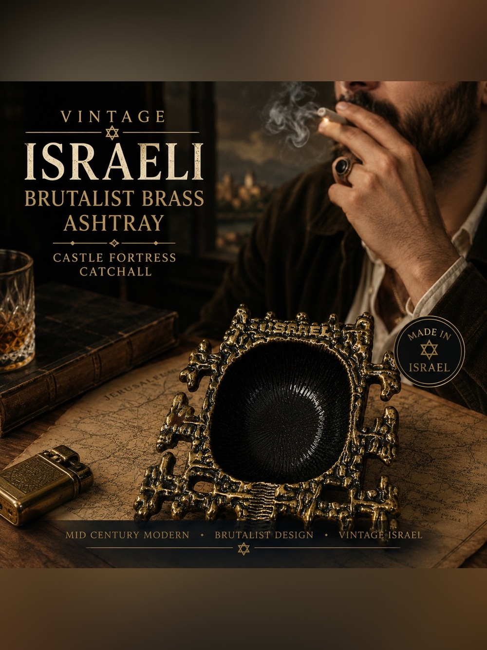 🔥 3/$30 Mix&Match 🔥 Vintage Israeli Brutalist Brass Ashtray – Castle Fortress C